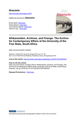 Itinerario Afrikanerdom, Archives, and Change: the Archive For