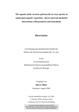 The Aquatic Moth Acentria Ephemerella As a Key Species in Submerged Aquatic Vegetation - Direct and Trait-Mediated Interactions with Predators and Food Plants