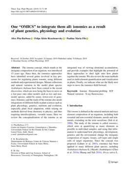 One “OMICS” to Integrate Them All: Ionomics As a Result of Plant