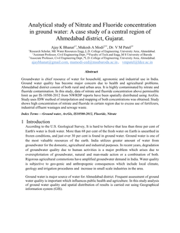 Analytical Study of Nitrate and Fluoride Concentration in Ground Water: a Case Study of a Central Region of Ahmedabad District, Gujarat