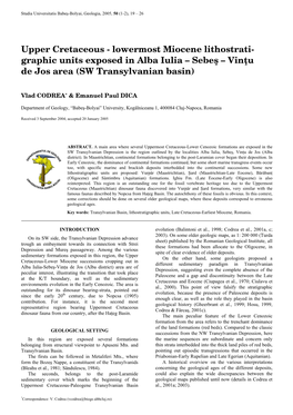 Upper Cretaceous - Lowermost Miocene Lithostrati- Graphic Units Exposed in Alba Iulia – Sebeş – Vinţu De Jos Area (SW Transylvanian Basin)