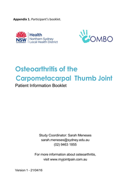 Osteoarthritis of the Carpometacarpal Thumb Joint Patient Information Booklet