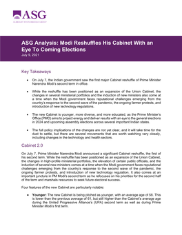 ASG Analysis: Modi Reshuffles His Cabinet with an Eye to Coming Elections July 9, 2021