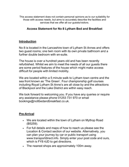 Access Statement for No 8 Lytham Bed and Breakfast Introduction No