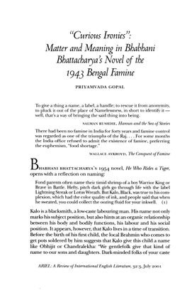 Matter and Meaning in Bhabhani Bhattacharyas Novel of the 1943 Bengal Famine