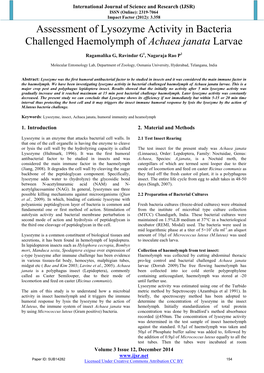 Assessment of Lysozyme Activity in Bacteria Challenged Haemolymph of Achaea Janata Larvae