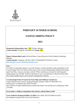 Whitgift Summer School Safeguarding Policy 2021
