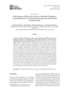 Field Response of Hylastinus Obscurus Marsham (Coleoptera: Curculionidae) to E-2-Hexenal and Limonene, Two Host-Derived Semiochemicals