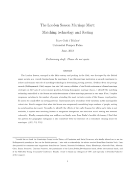 The London Season Marriage Mart: Matching Technology and Sorting