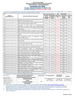 Invitation for Bids Tender Notice Number:2/2077/78 First Date of Publication: 2077/05/18 (Sep 3, 2020)