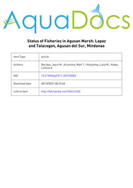 Status of Fisheries in Agusan Marsh: Lapaz and Talacogon, Agusan Del Sur, Mindanao