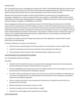 INTRODUCTION This Training Manual Presents a Knowledge Base Extracted from 10CFR's, the MURSOM, NRC Regulatory Guides and the Li