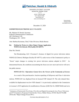December 15, 2020 SUBMITTED ELECTRONICALLY VIA ECFS Ms. Marlene H. Dortch, Secretary Federal Communications Commission 445 12Th