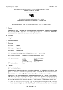 Proposal for Amendment of Appendix I Or II for CITES Cop16