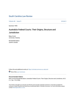 Australia's Federal Courts: Their Origins, Structure and Jurisdiction