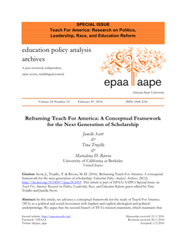 Reframing Teach for America: a Conceptual Framework for the Next Generation of Scholarship Janelle Scott & Tina Trujillo & Marialena D