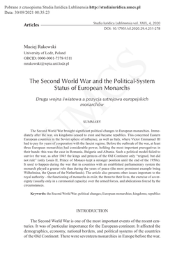 The Second World War and the Political-System Status of European Monarchs