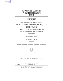 Restoring U.S. Leadership in Weather Forecasting Part I