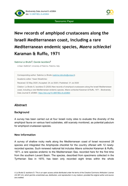 New Records of Amphipod Crustaceans Along the Israeli Mediterranean Coast, Including a Rare Mediterranean Endemic Species, Maera Schieckei Karaman & Ruffo, 1971
