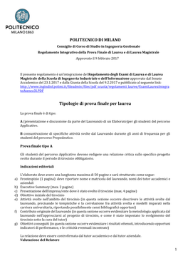 POLITECNICO DI MILANO Tipologie Di Prova Finale Per Laurea