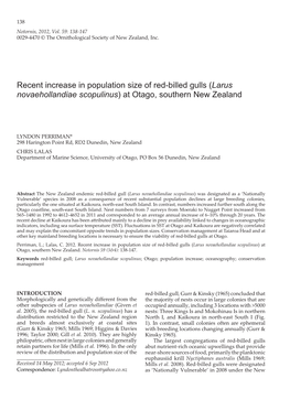 Recent Increase in Population Size of Red-Billed Gulls (Larus Novaehollandiae Scopulinus) at Otago, Southern New Zealand