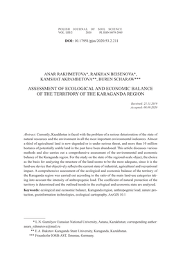 Assessment of Ecological and Economic Balance of the Territory of the Karaganda Region