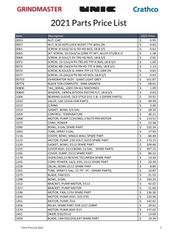 2021 Parts Price List