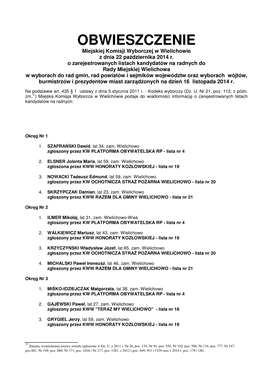 OBWIESZCZENIE Miejskiej Komisji Wyborczej W Wielichowie Z Dnia 22 Pa Ździernika 2014 R