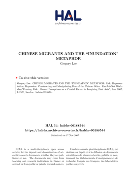 CHINESE MIGRANTS and the “INUNDATION” METAPHOR Gregory Lee