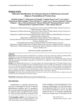 Original Article Molecular Identification of Leishmania Species in Phlebotomus Alexandri (Diptera: Psychodidae) in Western Iran