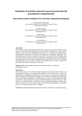 Simulador De Robótica Educativa Para La Promoción Del Pensamiento Computacional
