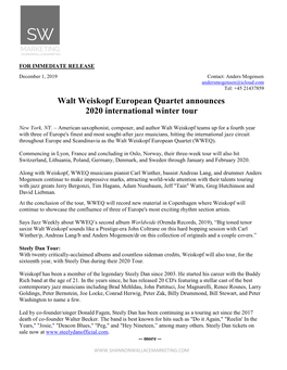 Walt Weiskopf European Quartet Announces 2020 International Winter Tour