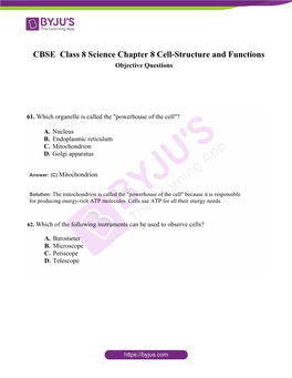 CBSE Class 8 Science Chapter 8 Cell-Structure and Functions Objective Questions