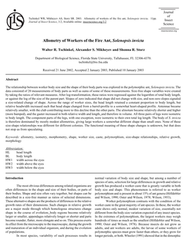 Allometry of Workers of the Fire Ant, Solenopsis Invicta