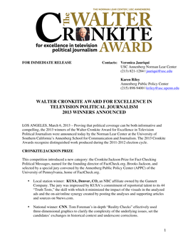 Walter Cronkite Award for Excellence in Television Political Journalism 2013 Winners Announced