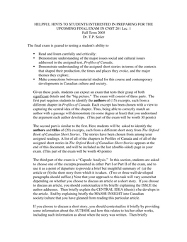 HELPFUL HINTS to STUDENTS INTERESTED in PREPARING for the UPCOMING FINAL EXAM in CNST 201 Lec. 1 Fall Term 2005 Dr. T.P. Seiler