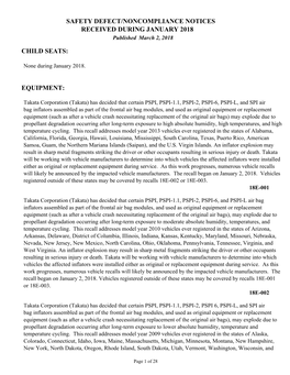 Child Seats: Equipment: Safety Defect/Noncompliance Notices Received During January 2018