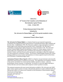 CROATIA: 61St Session of the Committee on the Elimination of Discrimination Against Women 6 July – 24 July 2015