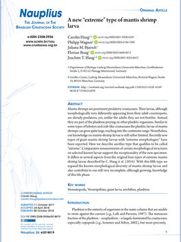 Nauplius Original Article the Journal of the a New “Extreme” Type of Mantis Shrimp Brazilian Crustacean Society Larva