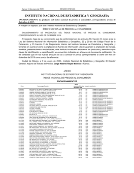 INSTITUTO NACIONAL DE ESTADISTICA Y GEOGRAFIA ENCADENAMIENTO De Productos Del Índice Nacional De Precios Al Consumidor, Correspondiente Al Mes De Diciembre De 2019