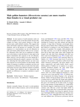 Male Golden Hamsters (Mesocricetus Auratus) Are More Reactive Than Females to a Visual Predator Cue