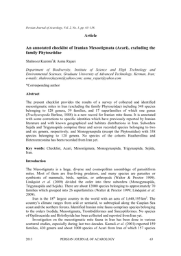 Article an Annotated Checklist of Iranian Mesostigmata (Acari)