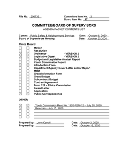 Committee/Board of Supervisors Agenda Packet Contents List