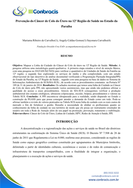 Prevenção Do Câncer De Colo Do Útero Na 12ª Região De Saúde No Estado Da Paraíba INTRODUÇÃO