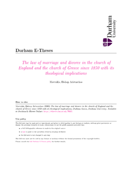 The Law of Marriage and Divorce in the Church of England and the Church of Greece Since 1850 with Its Theological Implications