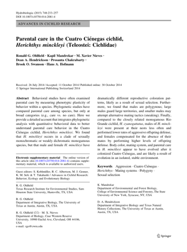 Parental Care in the Cuatro Ciénegas Cichlid, Herichthys Minckleyi (Teleostei: Cichlidae)