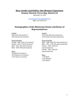 Race, Gender and Politics: One Woman’S Experience Senator Patricia Torres Ray, District 63 September 21, 2016