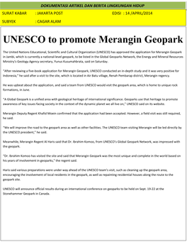 UNESCO to Promote Merangin Geopark