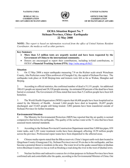 OCHA Situation Report No. 7 Sichuan Province, China– Earthquake 22 May 2008