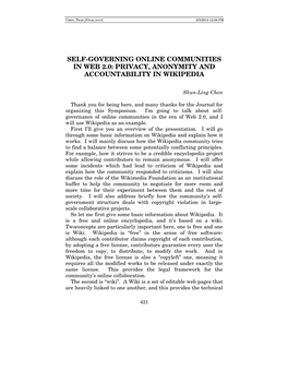 Self-Governing Online Communities in Web 2.0: Privacy, Anonymity and Accountability in Wikipedia